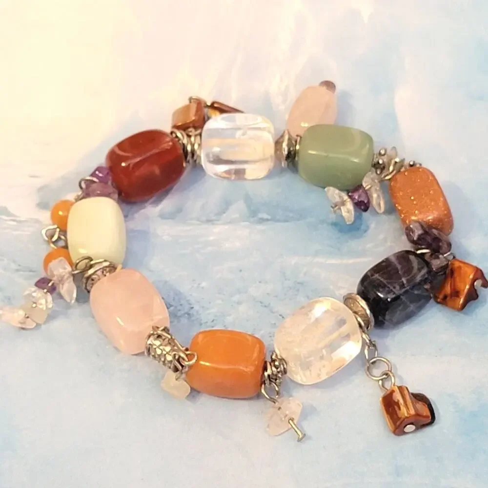 Vintage‎ Semi-Precious Gemstone & Agate Chunky Beaded Stretch Bracelet sbr-9